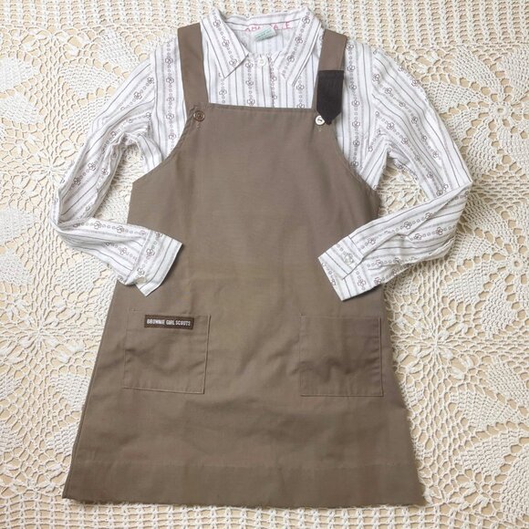 Vintage 1980s Girls Scouts Girls 7 Years Brownies Tan Jumper Dress Shirt Set